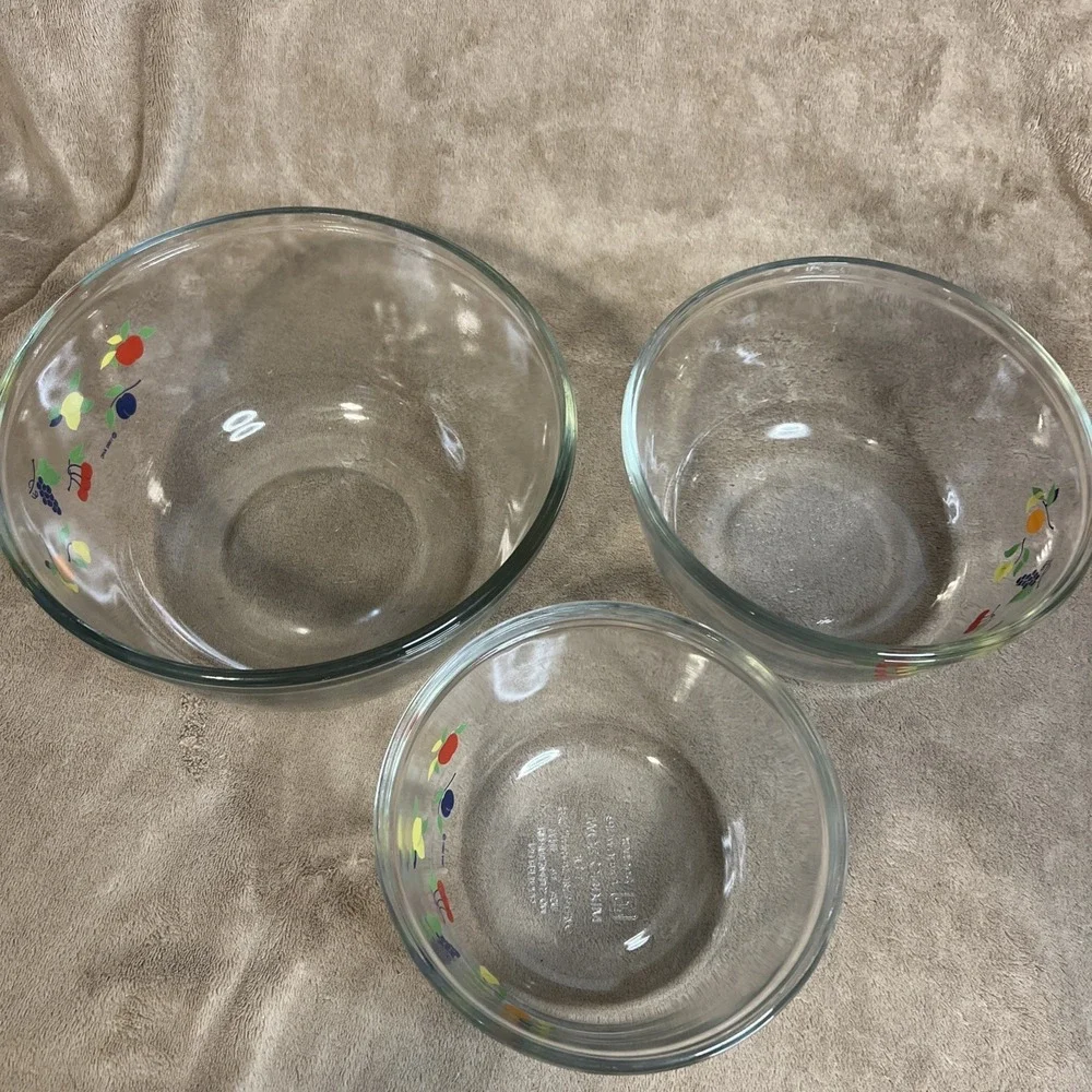 3pc Vtg Anchor Hocking Retro Mixing Bowl 1qt 1.5qt 2.5 qt Fruit Pattern 1990‎